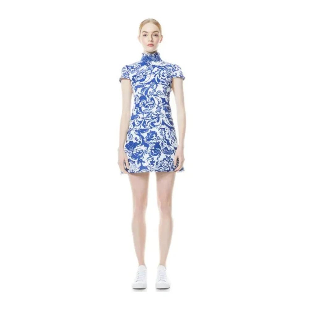 Alice + Olivia Blue White Karisse Cap Sleeve Mock Neck Mini Dress Roman 6 S - Picture 2 of 8